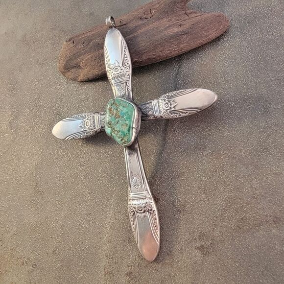Huge Vintage Sterling Turquoise Antique Silverware Cross Pendant - Picture 3 of 10